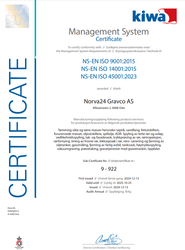 KIWA-sertifikat for Norva24 Gravco AS med ISO 9001, 14001 og 45001 standarder