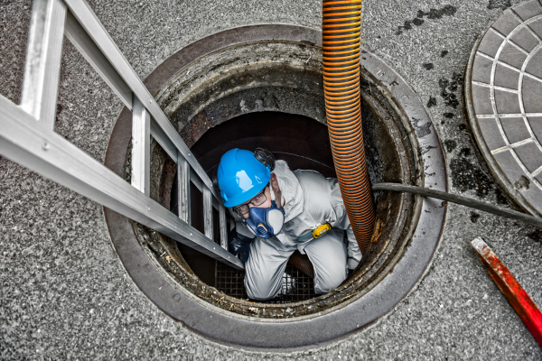 Worker in protective gear performing maintenance inside a tank.
