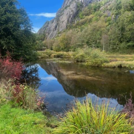 A calm river reflects trees and cliffs in a lush green valley under a blue sky.