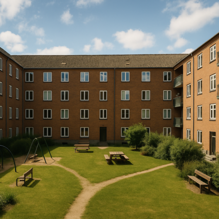 Brick apartment courtyard with green lawn, playground and benches on sunny day